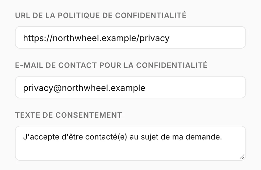 Politique de confidentialité, contact confidentialité et texte de consentement