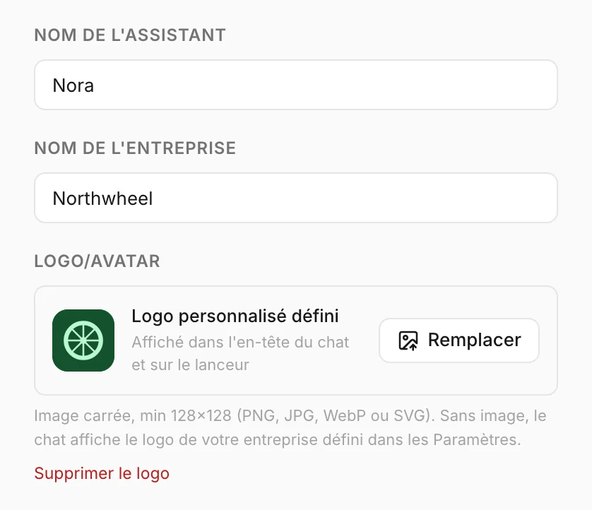 Nom de l'assistant, nom de l'entreprise et logo dans l'onglet Identité