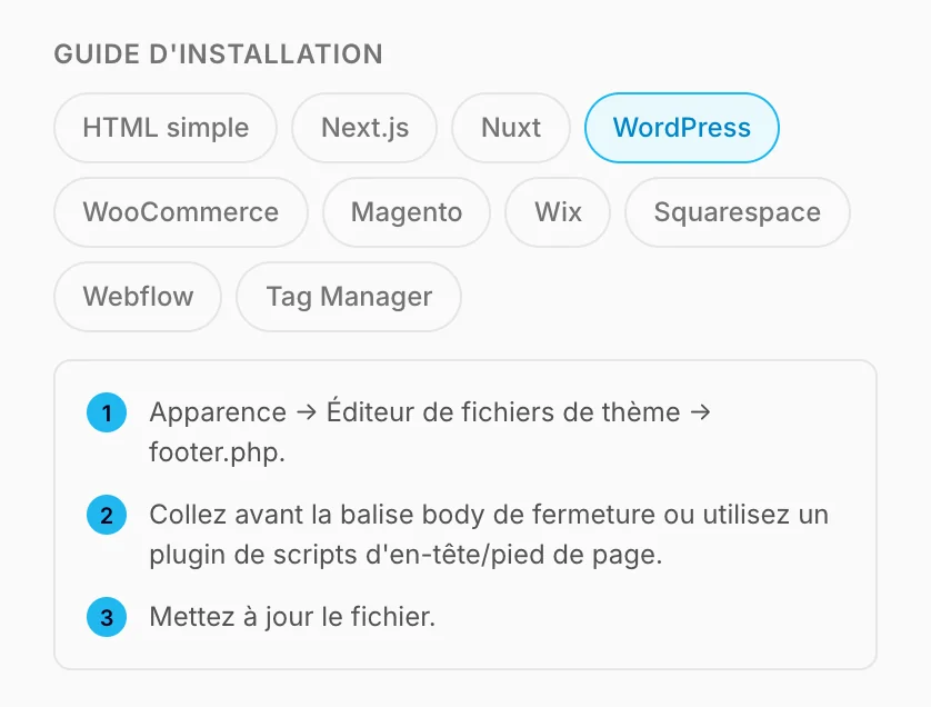 Le guide d'installation, avec les étapes pour WordPress