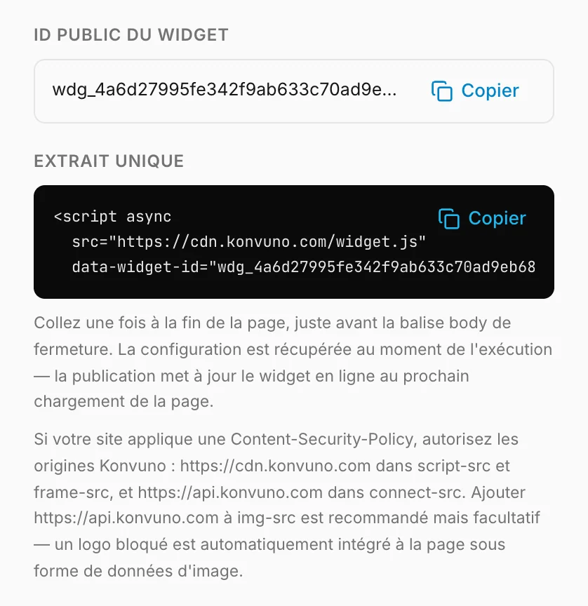 L'ID du widget et l'extrait de code