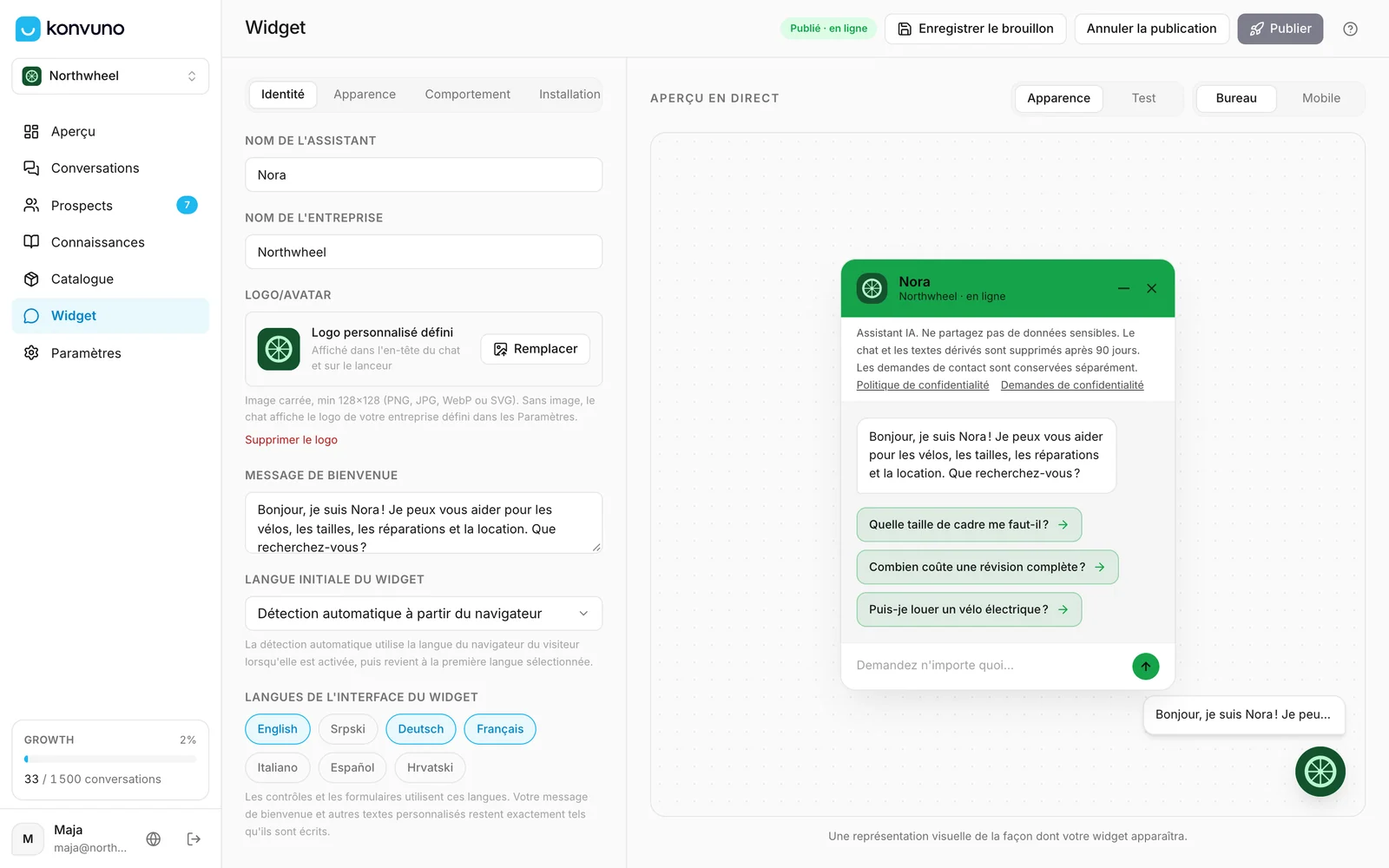 L'écran Widget : les réglages à gauche, un aperçu en direct à droite