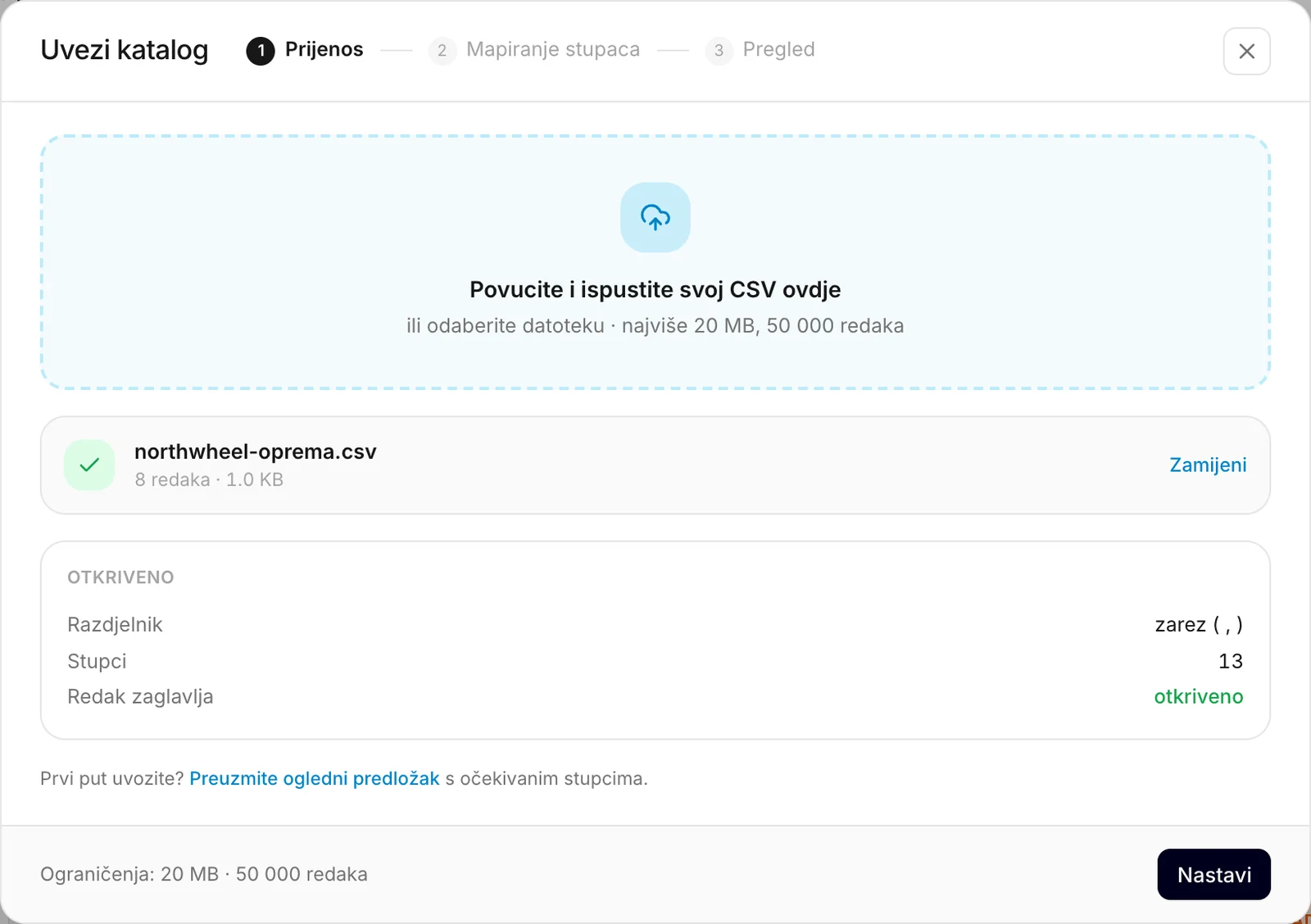 Korak prijenosa s odabranom datotekom