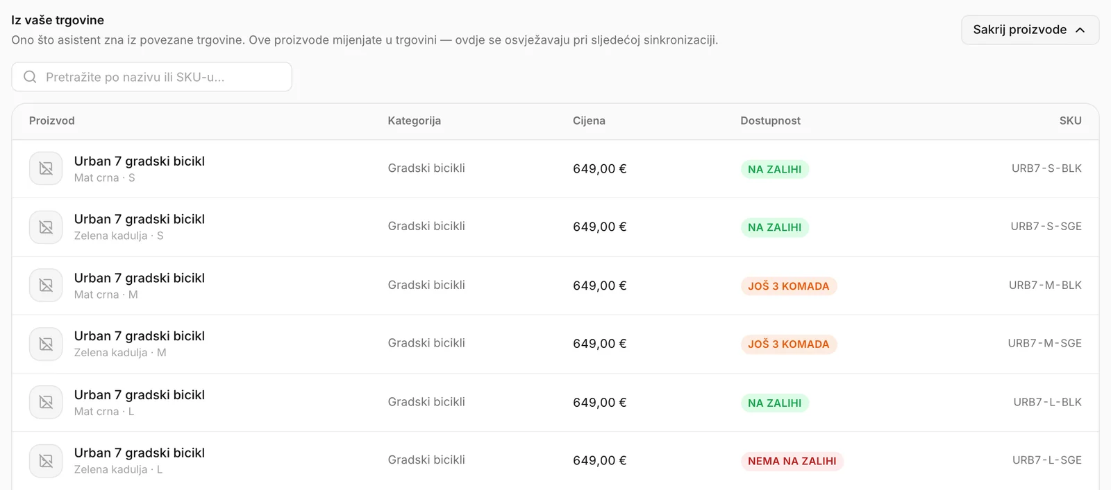 Proizvodi iz povezane trgovine, popisani i pretraživi