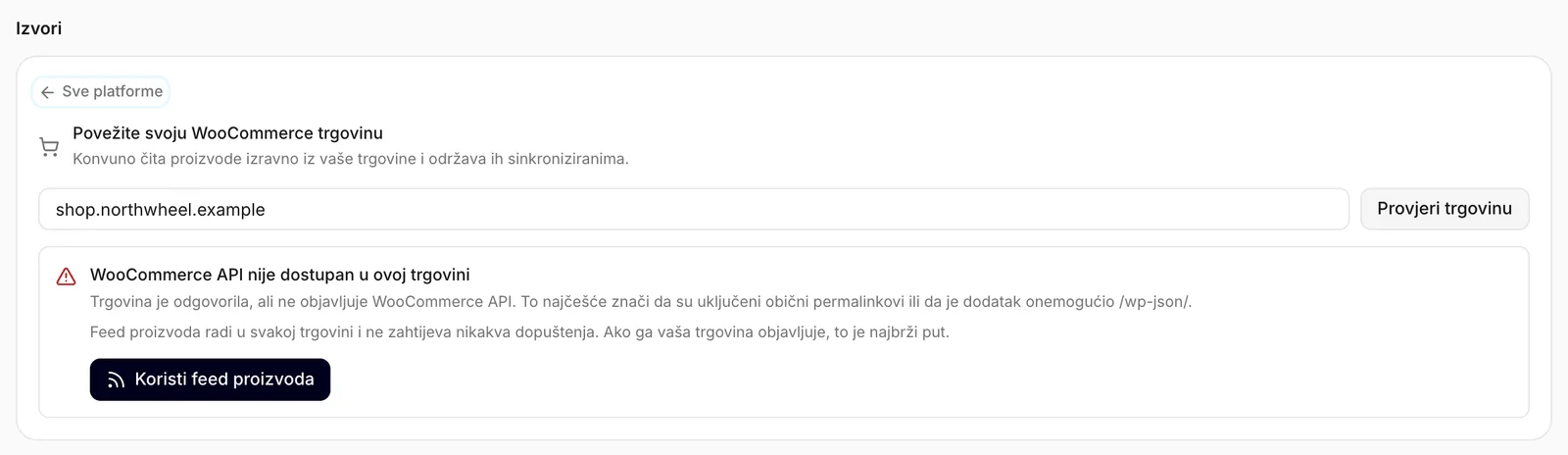 Provjera nije pronašla WooCommerce API i nudi feed proizvoda