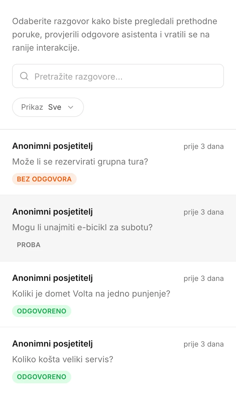 Statusne oznake na popisu: odgovoreno, probni chat i automatizirani promet