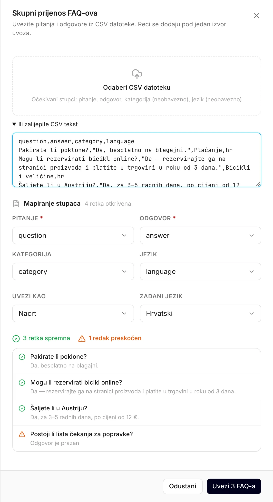 Zalijepljeni CSV, s povezanim stupcima i pregledom redaka