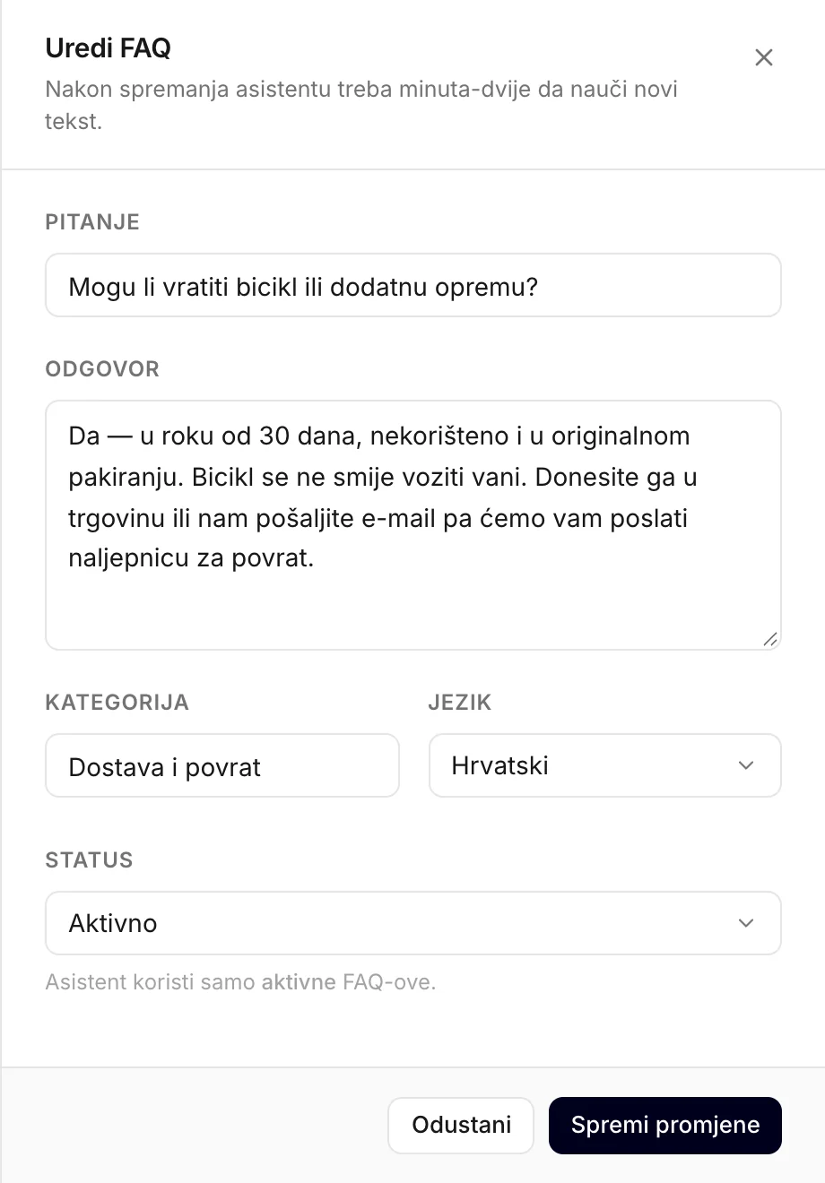 Obrazac za FAQ, ovdje pri uređivanju postojećeg FAQ-a