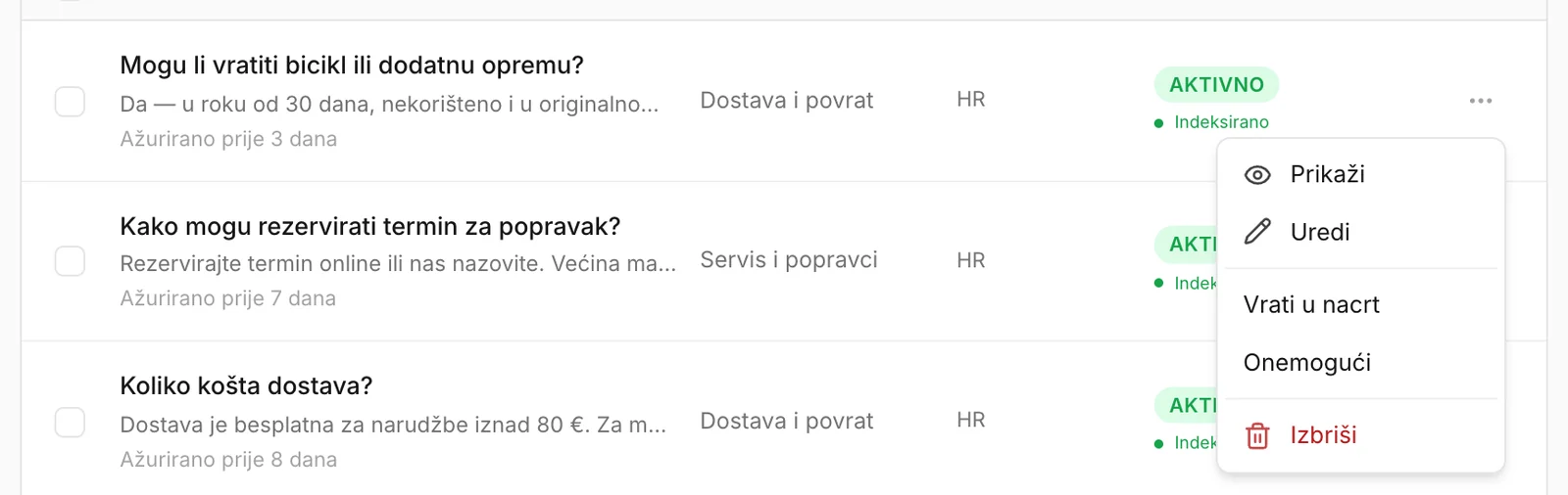 Izbornik na kraju retka FAQ-a
