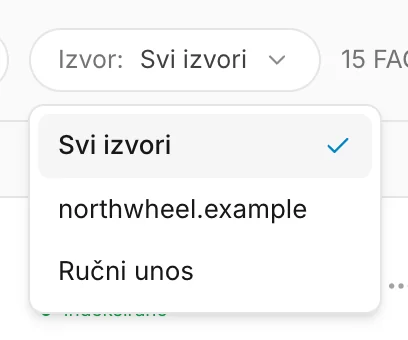 Filtar izvora iznad popisa FAQ-ova