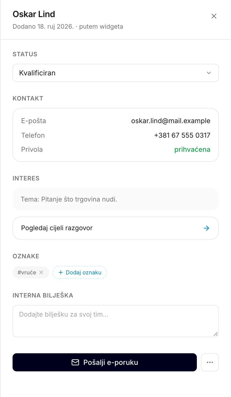 Otvoreni potencijalni klijent: status, kontaktni podaci, što je pitao, oznake i interna bilješka