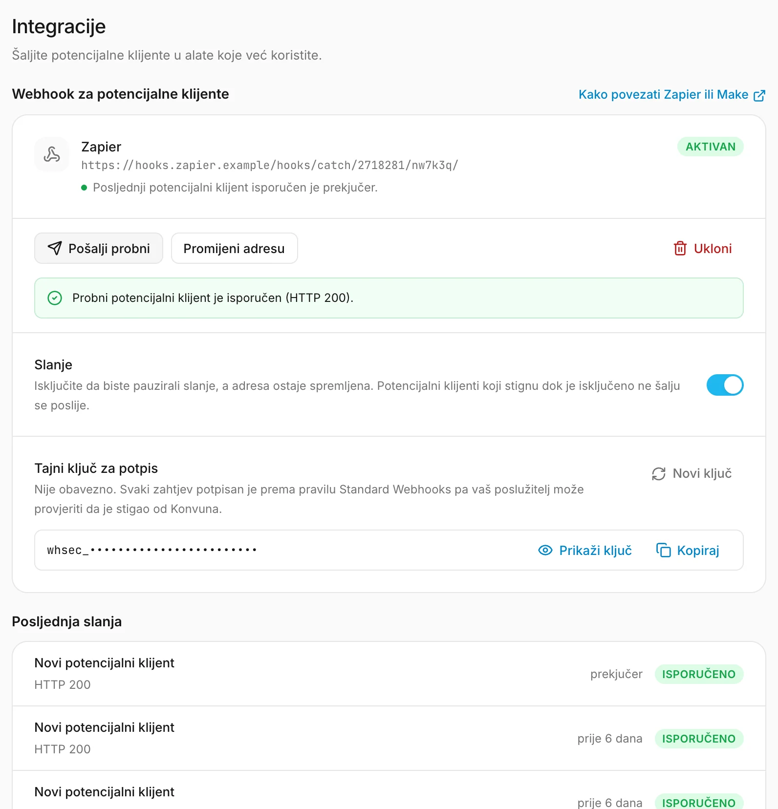 Webhook nakon probnog slanja: adresa, stanje i posljednja slanja