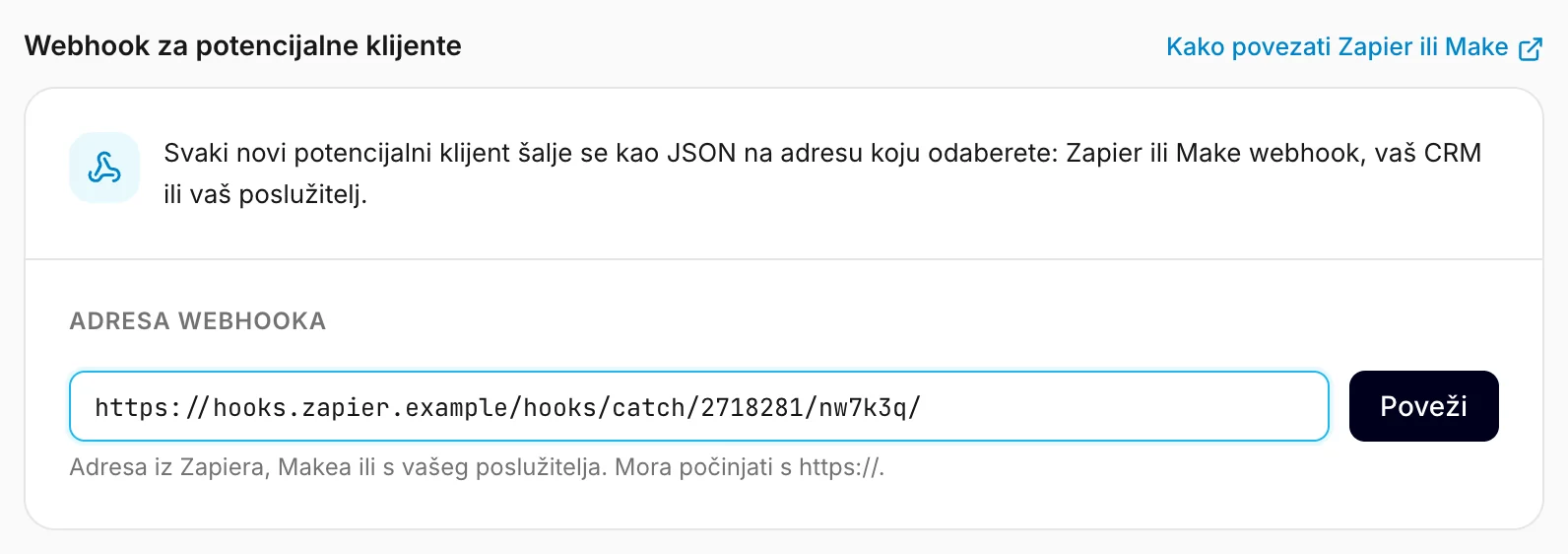 Kartica webhooka u Postavkama, s upisanom Zapier adresom