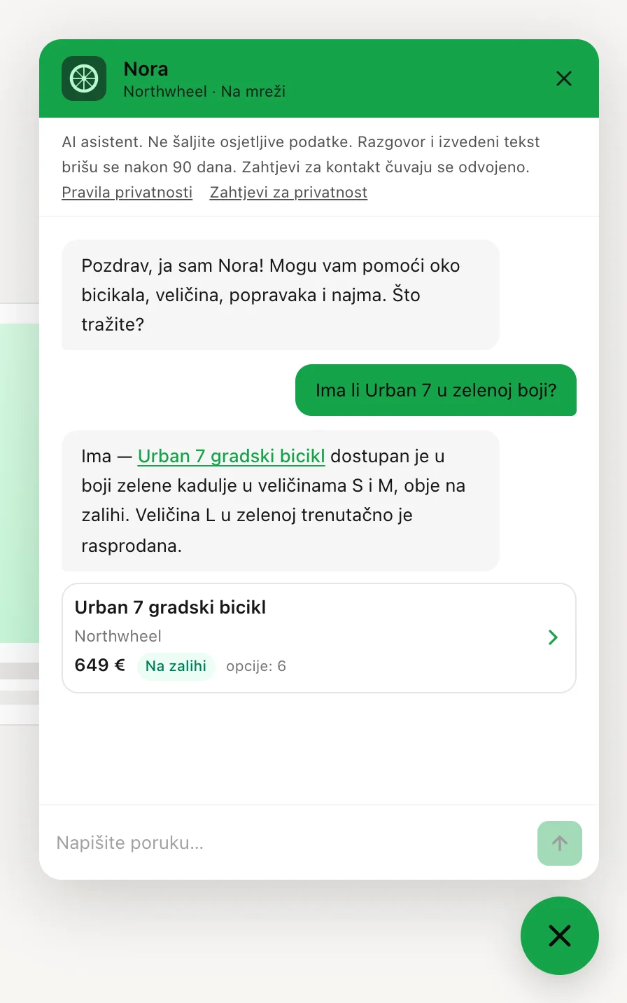 Odgovor koji spominje proizvod, s karticom proizvoda ispod