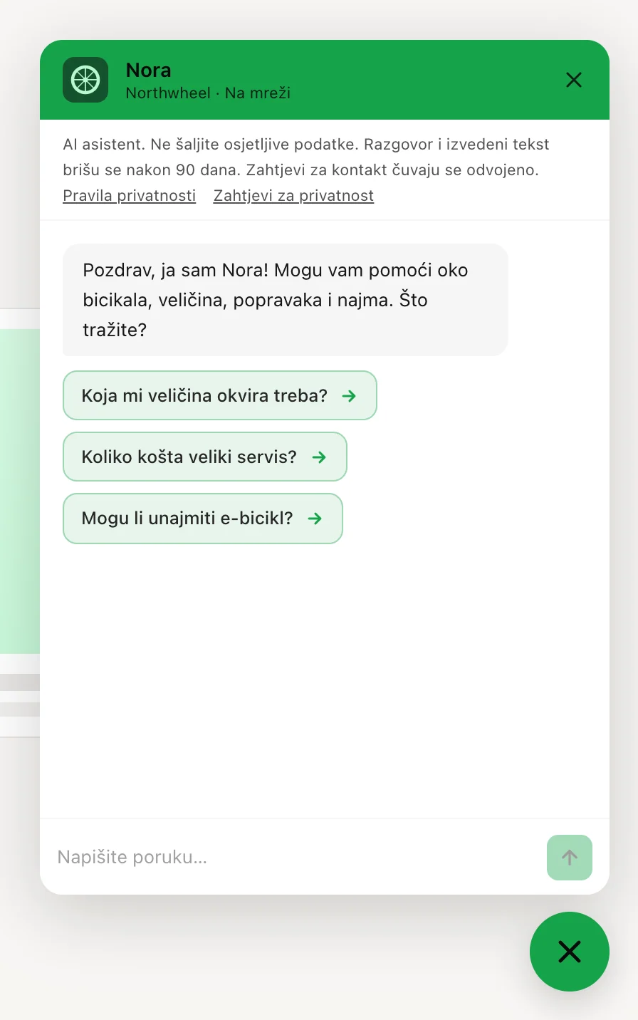 Otvoreni chat: zaglavlje, obavijest o privatnosti, poruka dobrodošlice i predložena pitanja