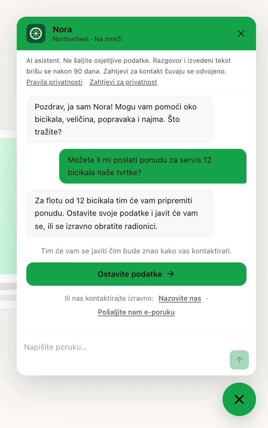 Odgovor koji predaje razgovor, s gumbom za kontakt i izravnim kontaktima ispod