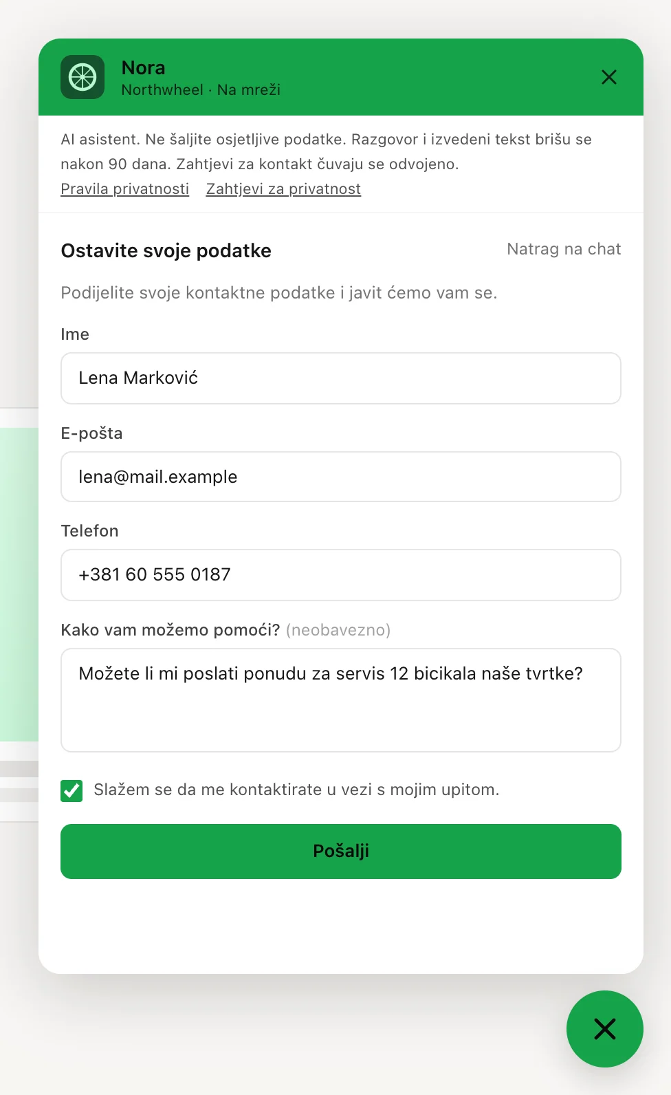 Ispunjeni kontaktni obrazac s označenom kvačicom za privolu
