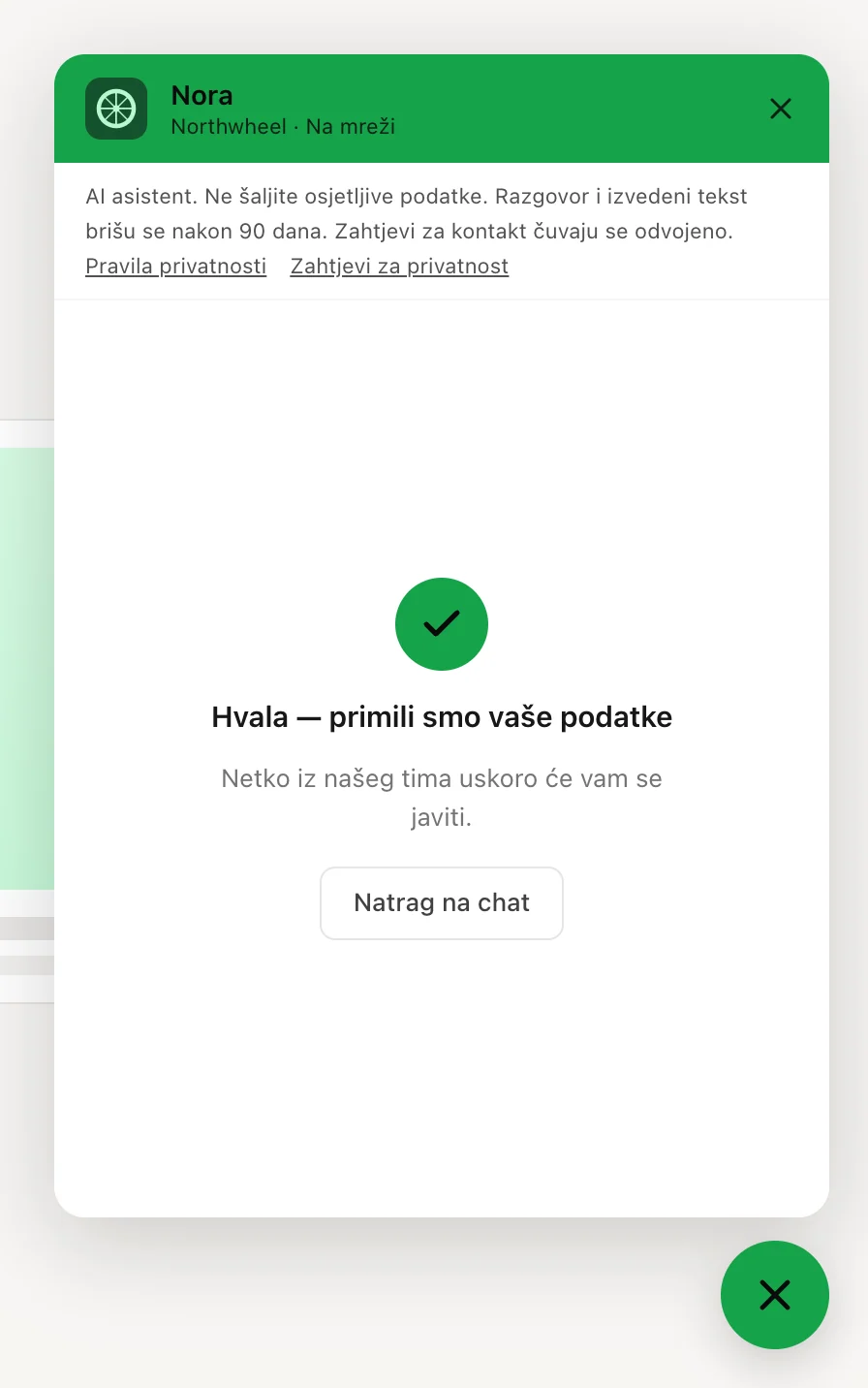 Potvrda nakon slanja kontaktnog obrasca