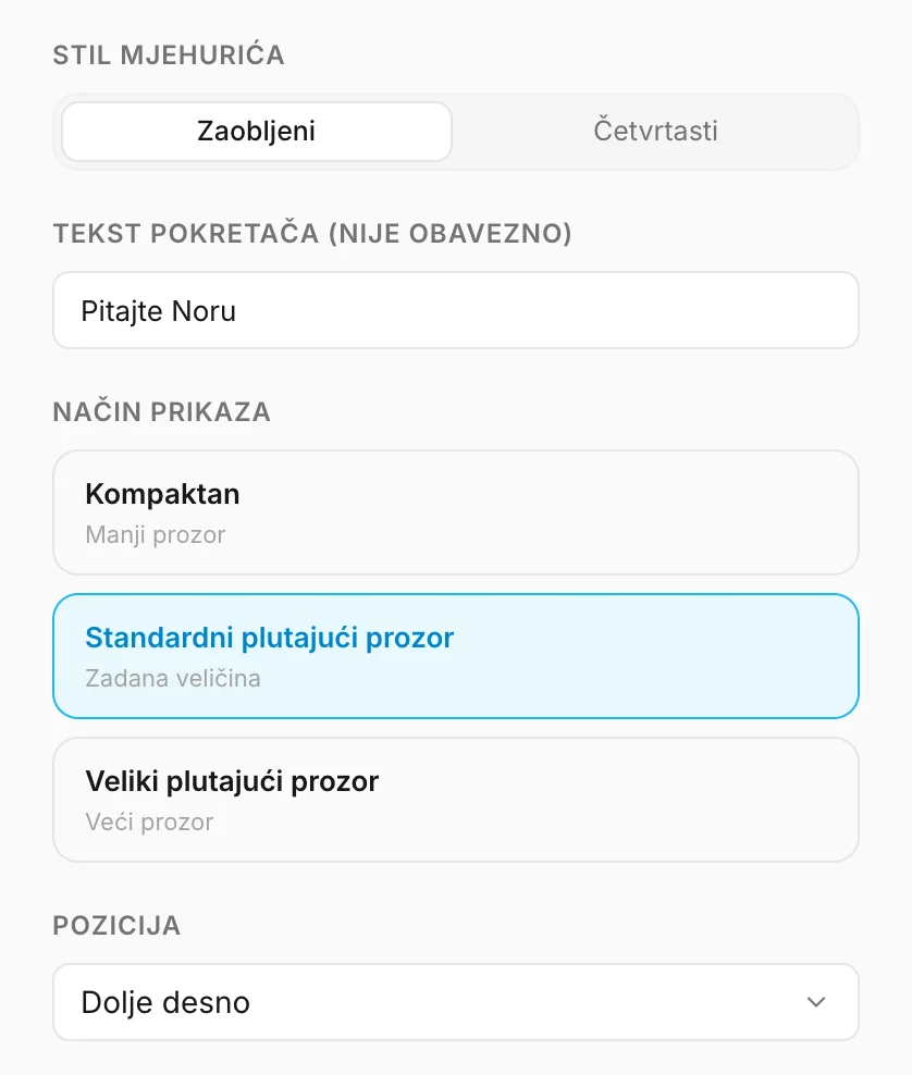 Stil oblačića, tekst pokretača, način prikaza i položaj