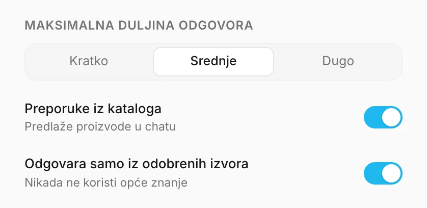 Duljina odgovora, preporuke iz kataloga i odobreni izvori