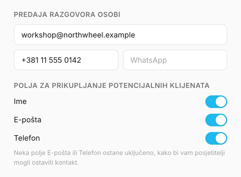 Predaja razgovora osobi i polja za prikupljanje potencijalnih klijenata