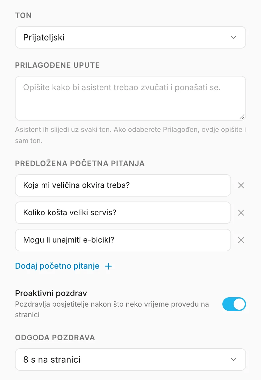 Ton, predložena početna pitanja i proaktivni pozdrav