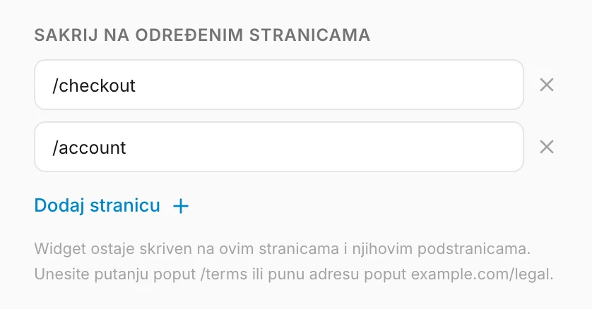 Stranice na kojima widget ostaje skriven