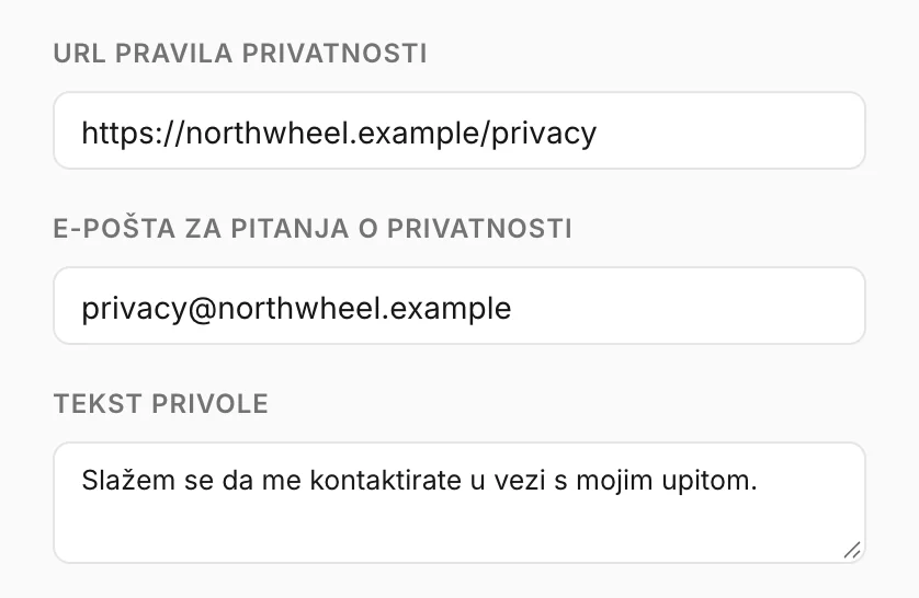 Pravila privatnosti, kontakt za privatnost i tekst privole