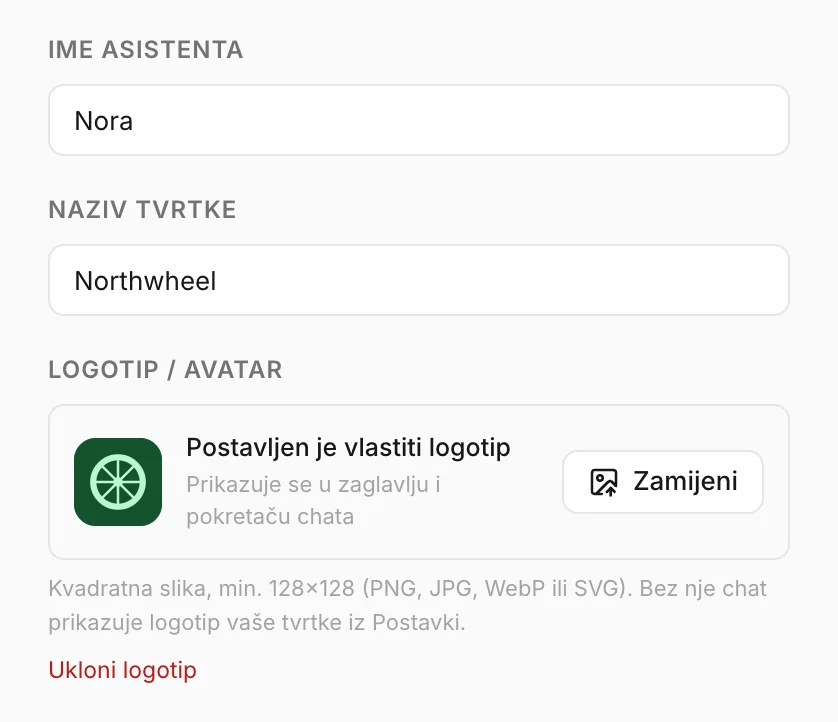 Ime asistenta, naziv tvrtke i logotip na kartici Identitet