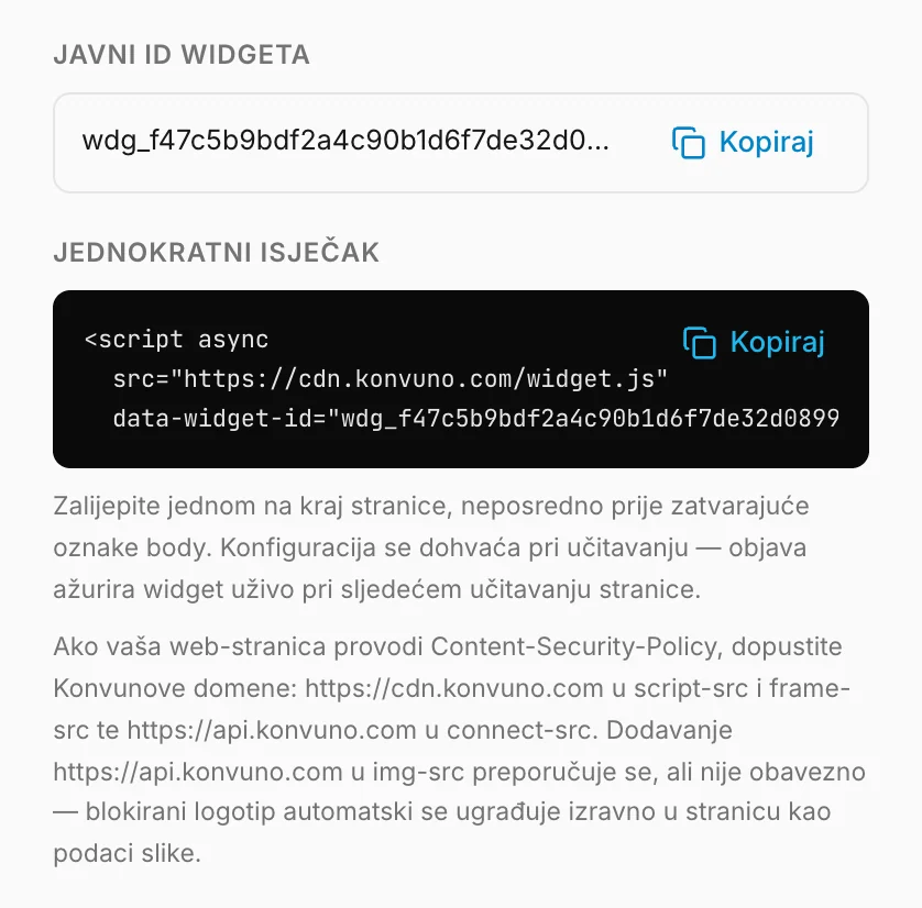 ID widgeta i isječak koda