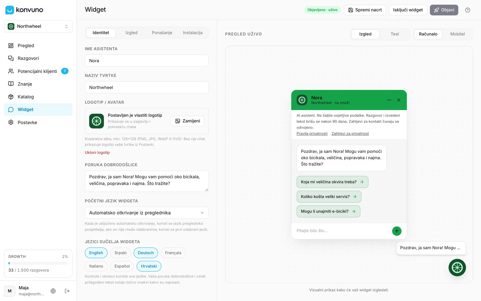 Zaslon Widget: postavke lijevo, pregled uživo desno