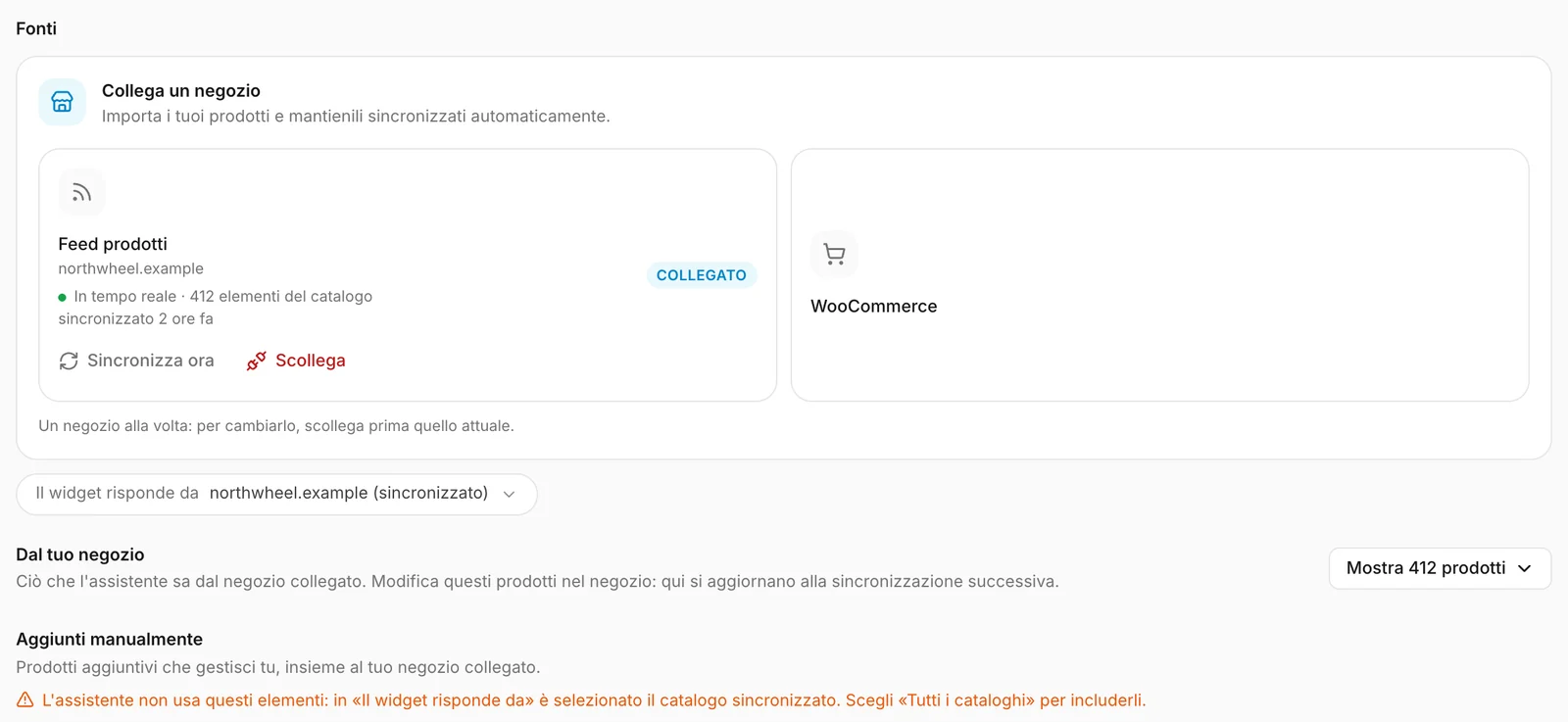 Un feed collegato, e da quale catalogo risponde l'assistente