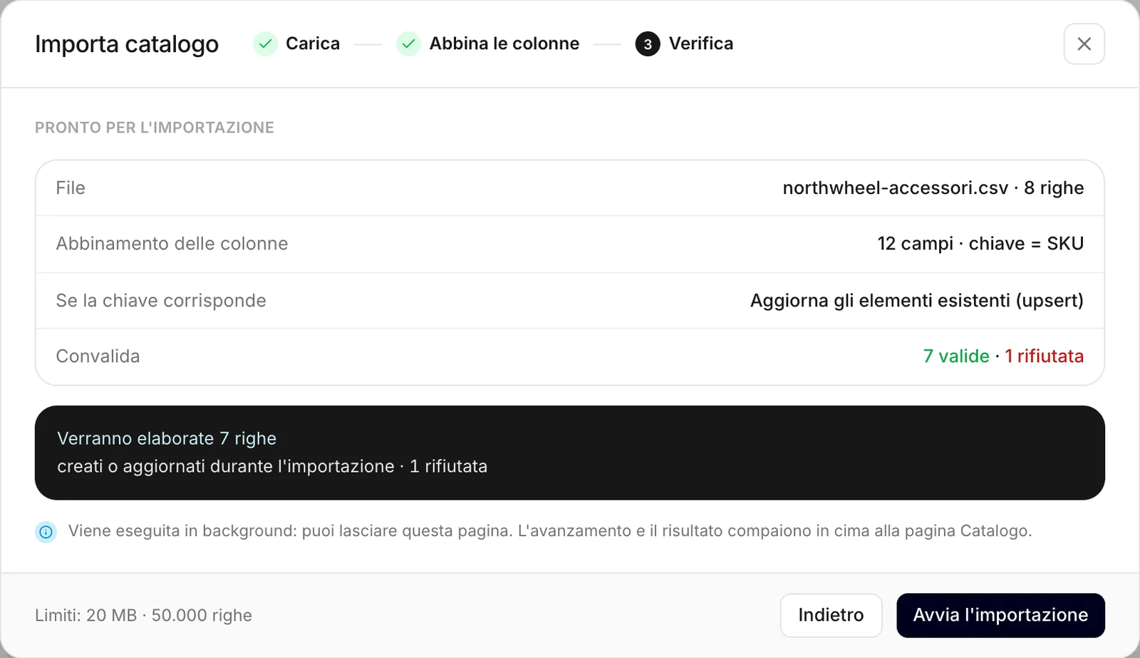 Il riepilogo prima dell'avvio dell'importazione