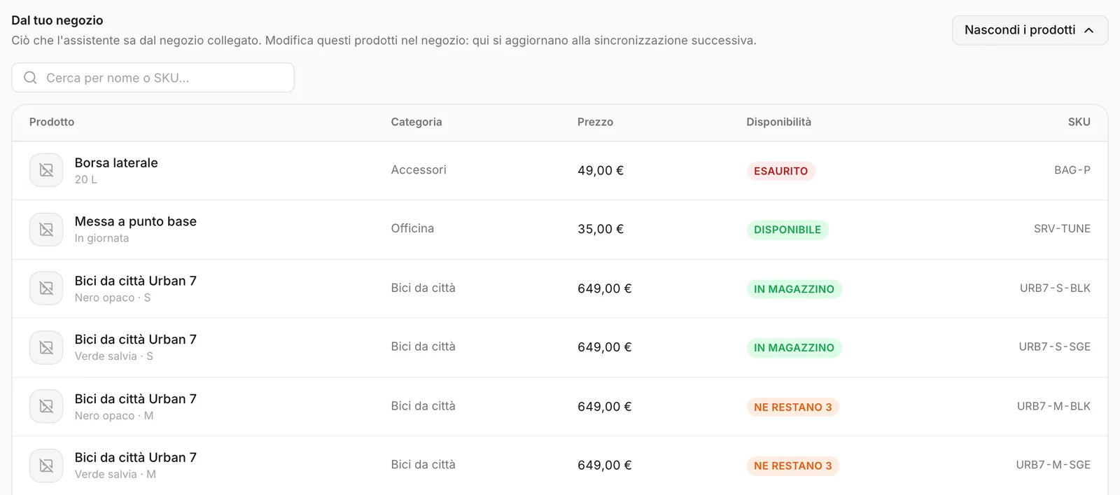 I prodotti di un negozio collegato, elencati e ricercabili