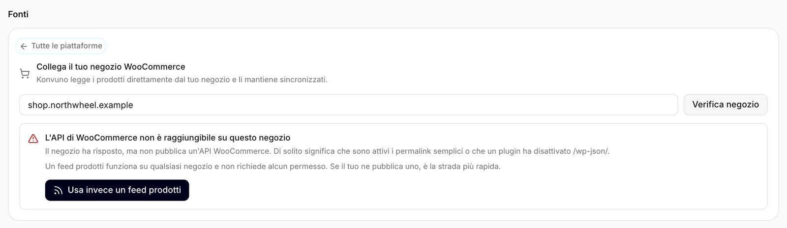 La verifica non ha trovato l'API di WooCommerce e propone un feed prodotti