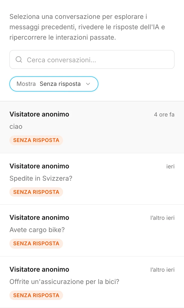 Il filtro Senza risposta: saluti e domande a cui l'assistente non ha saputo rispondere