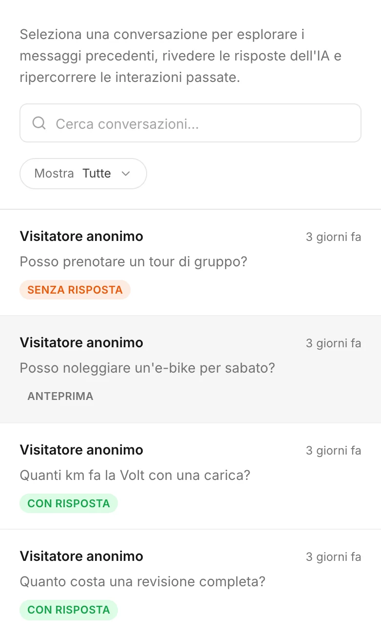 I badge nell'elenco: con risposta, una chat di test e traffico automatizzato