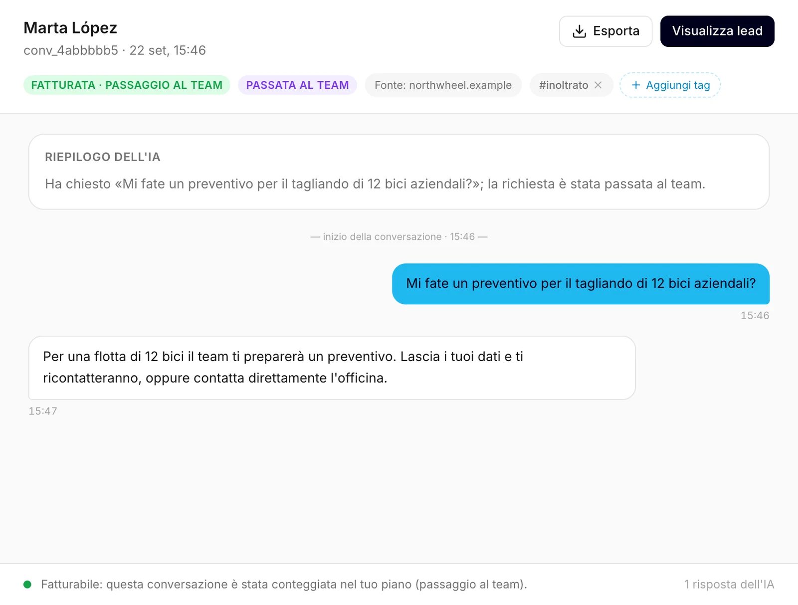 Una conversazione aperta: l'intestazione con i badge, il riepilogo dell'IA, i messaggi e la riga in fondo