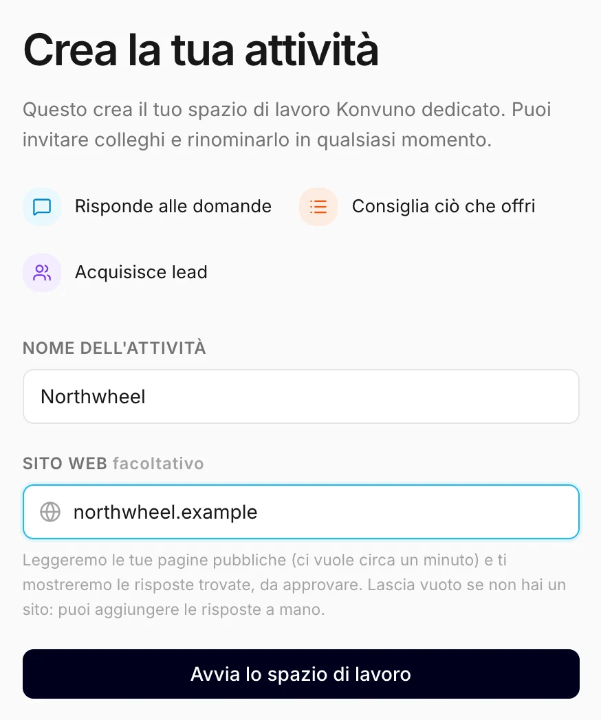 La schermata per creare la tua attività