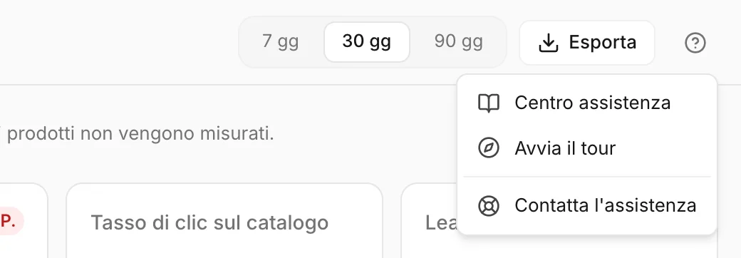 Il menu di aiuto in cima allo schermo