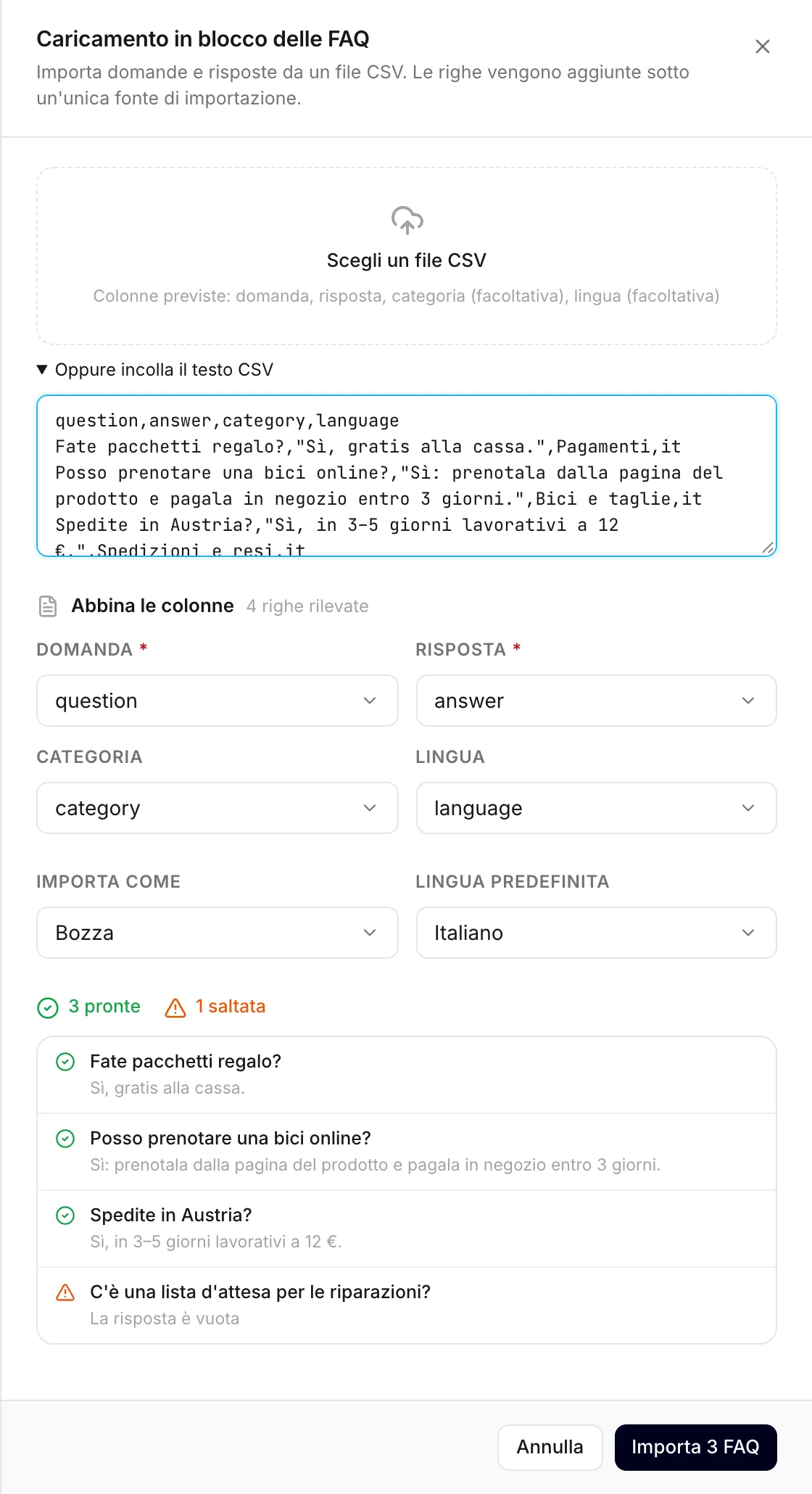 Un CSV incollato, con le colonne abbinate e un'anteprima delle righe