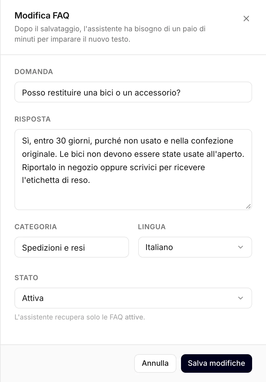 Il modulo delle FAQ, qui mentre si modifica una FAQ esistente