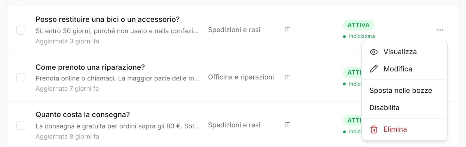 Il menu alla fine della riga di una FAQ