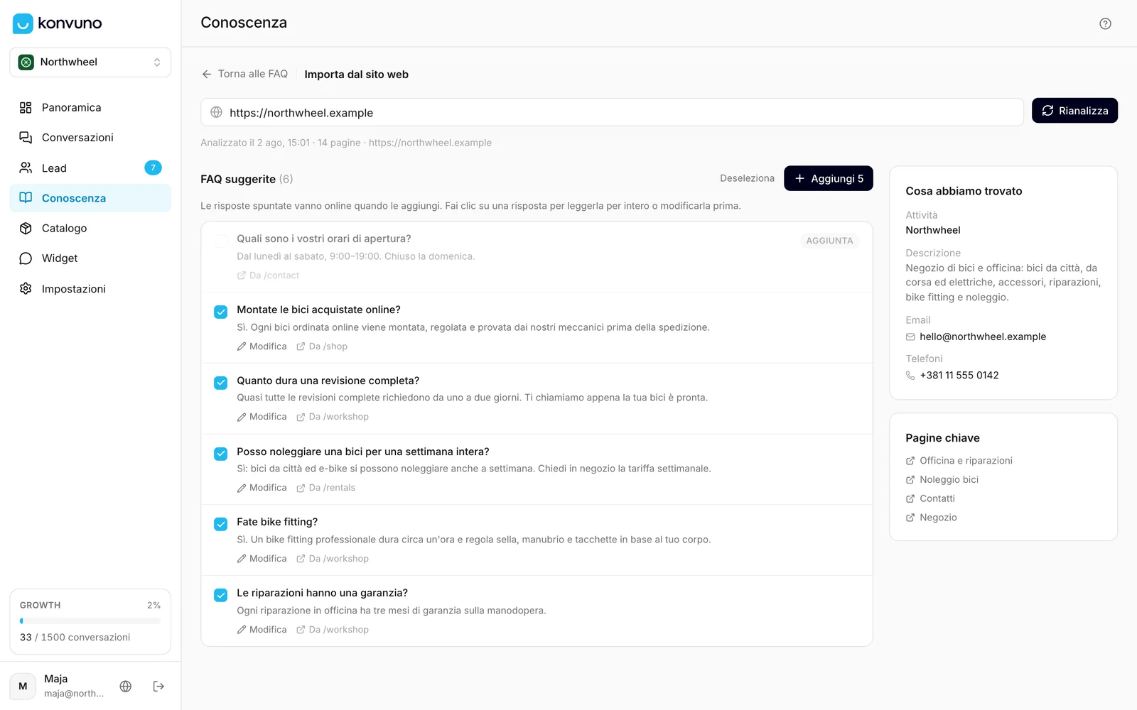 FAQ suggerite da una scansione del sito, pronte da rivedere