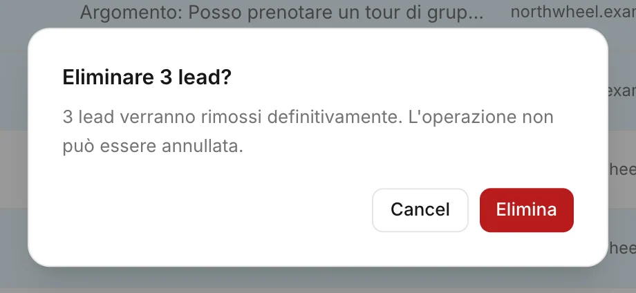 Konvuno chiede conferma prima di eliminare i lead selezionati