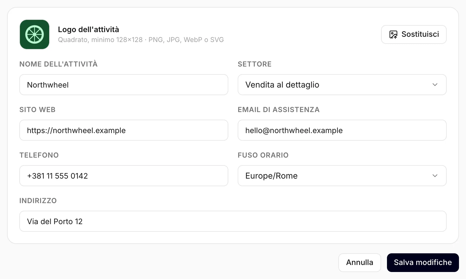 Il profilo dell'attività, con il campo Email di assistenza