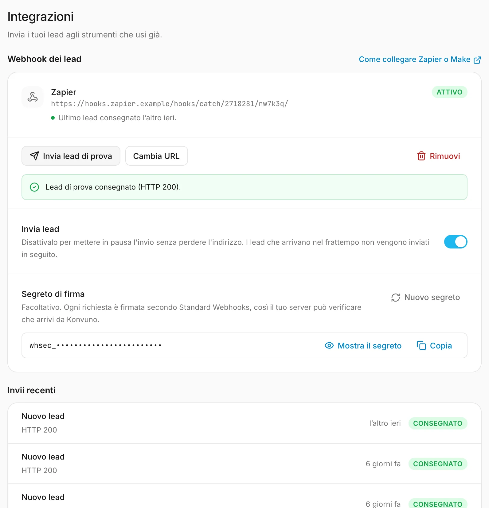 Il webhook dopo un lead di prova: l'indirizzo, il suo stato e gli invii recenti