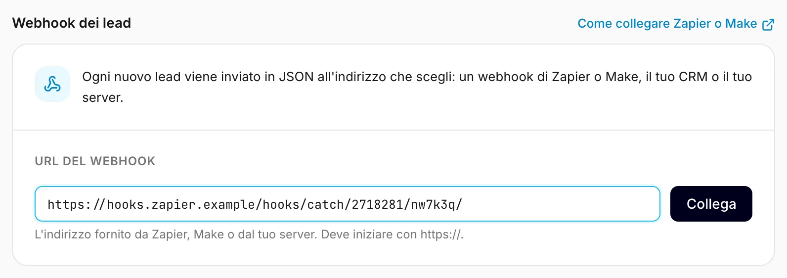 La scheda del webhook nelle Impostazioni, con un indirizzo di Zapier inserito