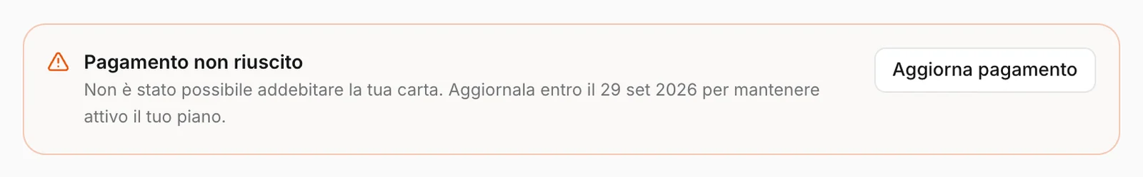 Il banner dopo un pagamento non riuscito