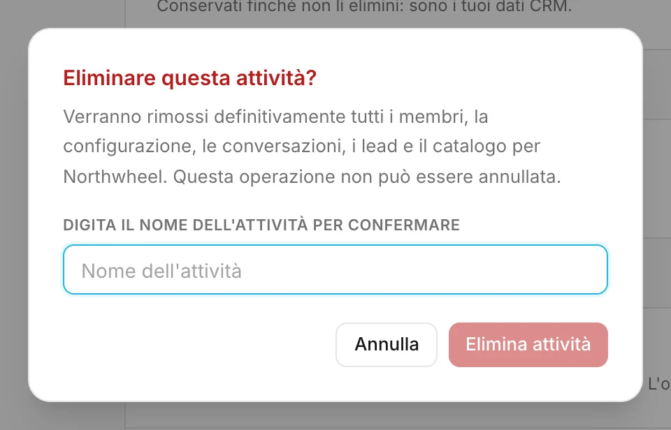 La conferma dell'eliminazione scrivendo il nome dell'attività