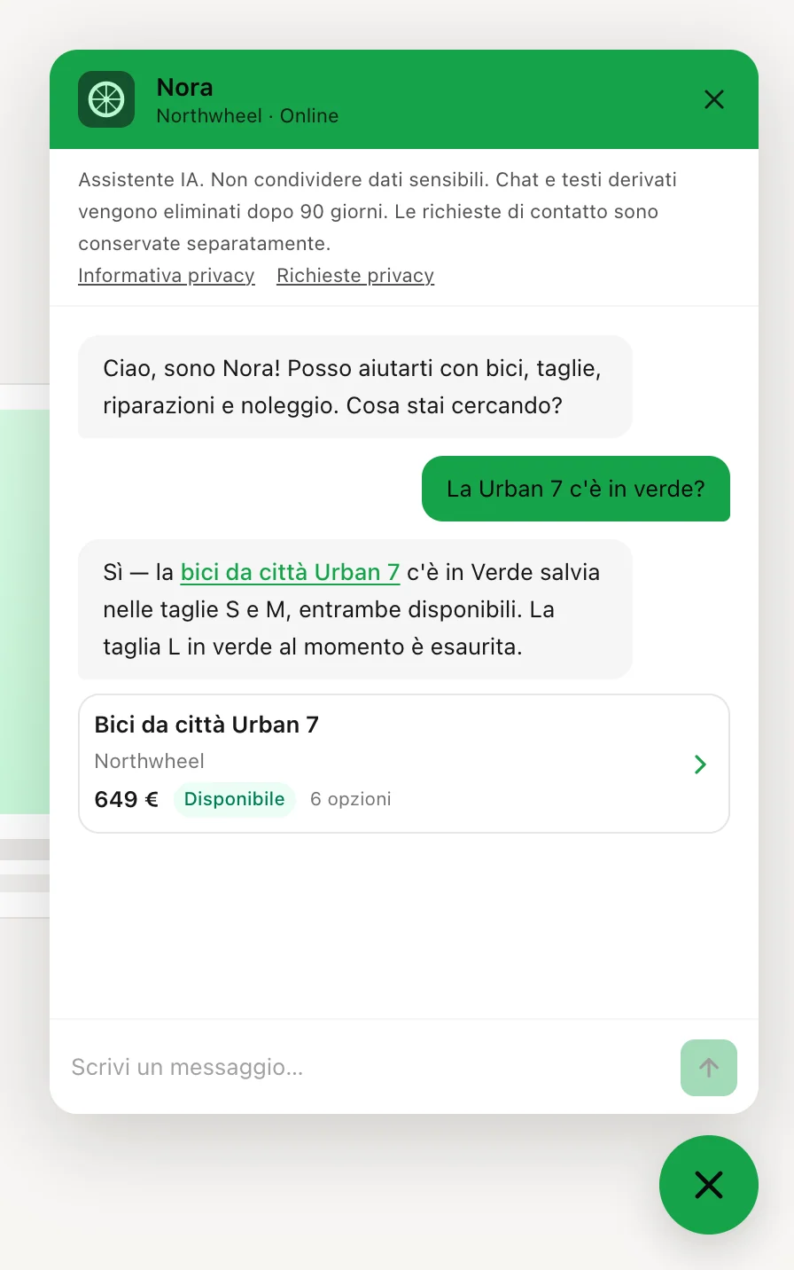 Una risposta che nomina un prodotto, con la sua scheda prodotto sotto
